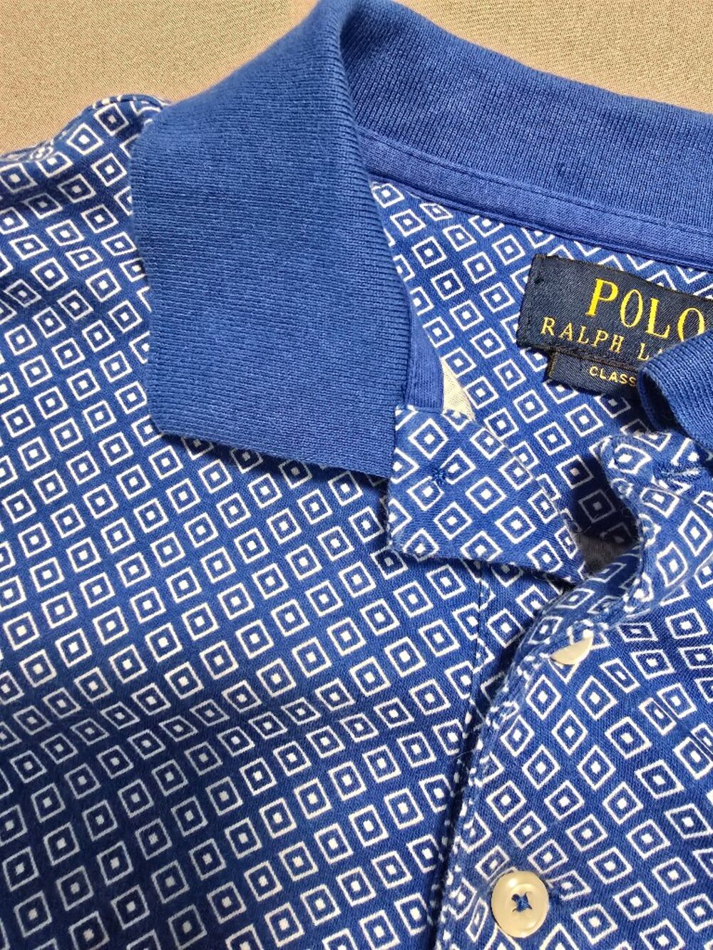 Polo Ralph Lauren Classic Fit Blue White Geometric Polo Shirt Men's Small